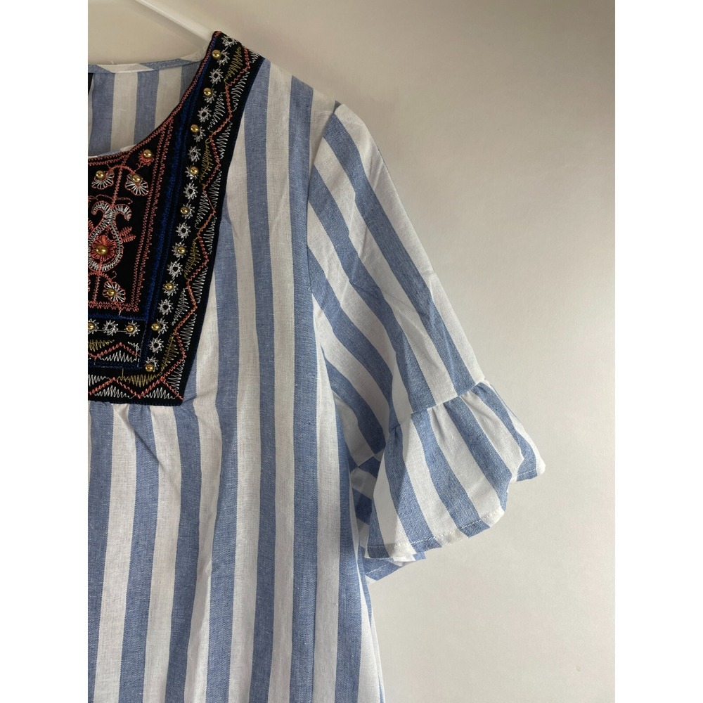 Emery Rose Dress Women's Size M Blue White Striped Midi Bohemian Tassel Necktie - Picture 3 of 9